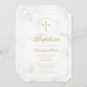 Taufe White Marble Gold Cross Script Einladung (Vorne/Hinten)