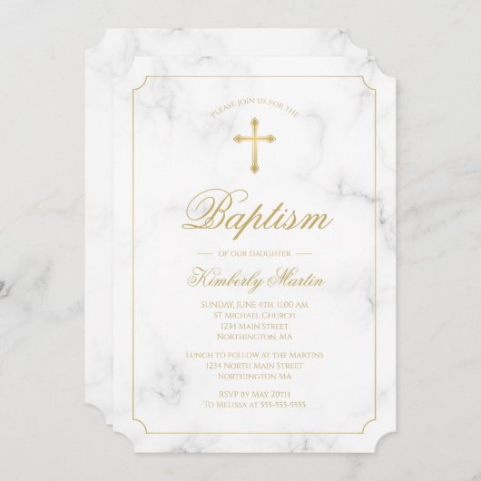 Taufe White Marble Gold Cross Script Einladung (Vorne/Hinten)