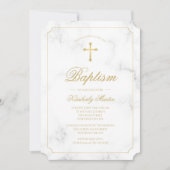 Taufe White Marble Gold Cross Script Foto Einladung (Vorderseite)