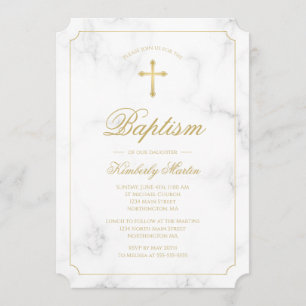 Taufe White Marble Gold Cross Script Foto Einladung