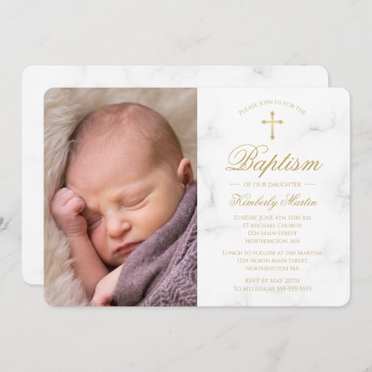 Taufe White Marble Gold Cross Script Foto Girl Einladung (Vorne/Hinten)
