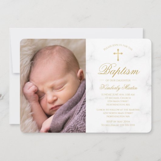 Taufe White Marble Gold Cross Script Foto Girl Einladung (Vorderseite)