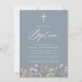 Taufe Wildblume Dusty Blue Script Einladung (Vorderseite)
