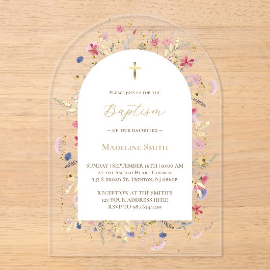 Taufe Wildblumen Acryleinladungen (Vorderseite)