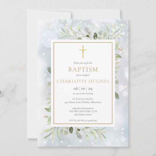 Taufe Winterschneeflocken Wasserfarbene Grünanlage Einladung (Vorderseite)