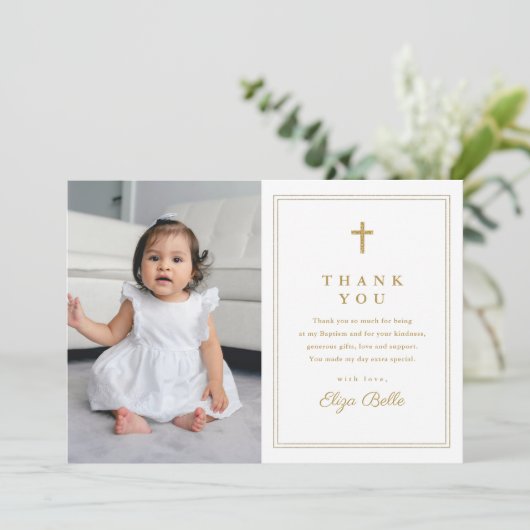 Taufe zum klassischen Gold Cross Religious Foto Dankeskarte (Stehend Vorderseite)