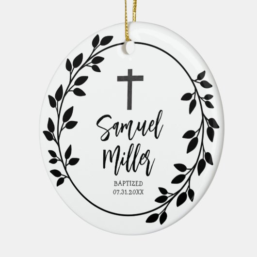 Taufe zur Weihnachtsfeier für schwarze Blätter Keramik Ornament (Links)