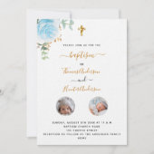 Taufe Zwillinge Jungen Weiße Blumen Foto Luxus Einladung (Vorderseite)