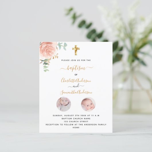 Taufe Zwillinge Mädchen Blumenzettel für Foto (Stehend Vorderseite)