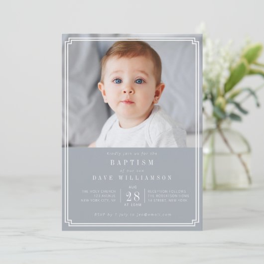 Taufeinladung für staubblaues Foto Einladung (Stehend Vorderseite)