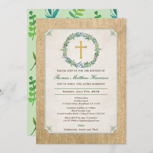 Taufeinladung. Grüner Kranich Einladung (Vorne/Hinten)