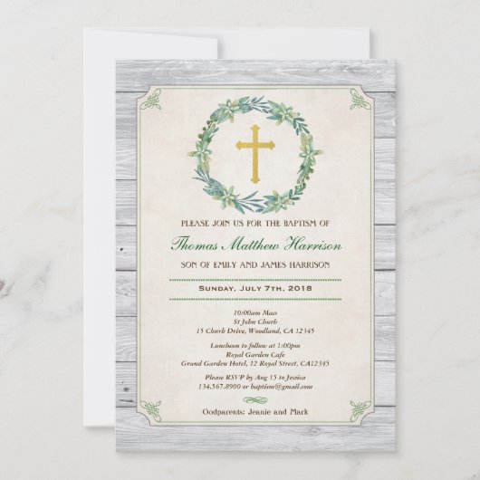 Taufeinladung. Grüner Kranz rustikales Holz Einladung (Vorderseite)