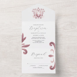 Taufeinladungen und RSVP-Card-Dusty Pink-Wappen All In One Einladung