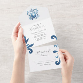 Taufen Einladungen mit RSVP Card Dusty Blue Cres