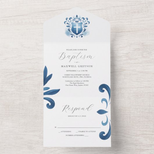 Taufen Einladungen mit RSVP Card Dusty Blue Cres (Innen Boden)