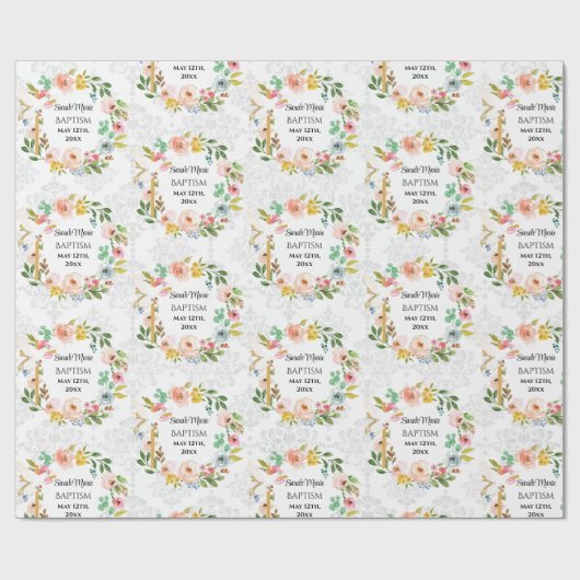 Taufen Name und Datum Überquerung Taube Flora Kran Geschenkpapier (Flach)