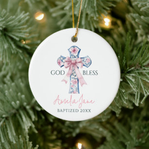 Taufgeschenk für Mädchen mit Kreuz und Schleife, p Keramik Ornament