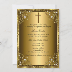 Taufgeschenk Perlendamast & Goldkreuz Einladung