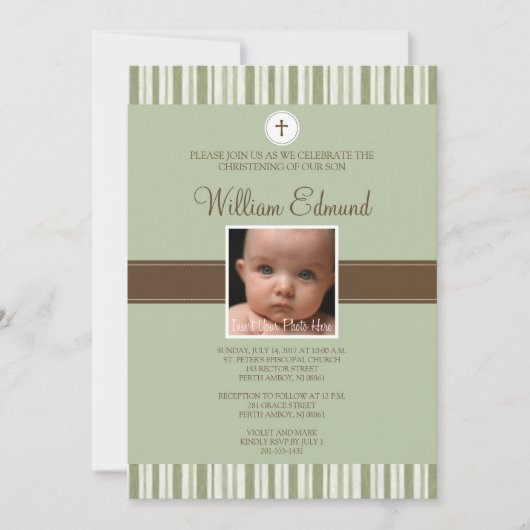 Taufgrüne Streifen-Foto-Einladung Einladung (Vorderseite)