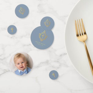 Taufjunge Foto Staubblau Falsches Gold Kreuz Wappe Konfetti