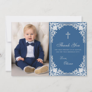 Taufjungen-Foto Klassisch Blau Vintage Elegant Dankeskarte