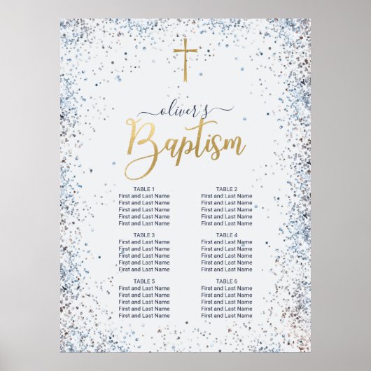 Taufkarte für Aquarellblau und Goldjungen Poster (Vorne)