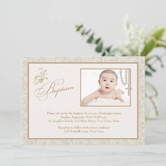 Taufkarte für Creme floral Einladung (Stehend Vorderseite)