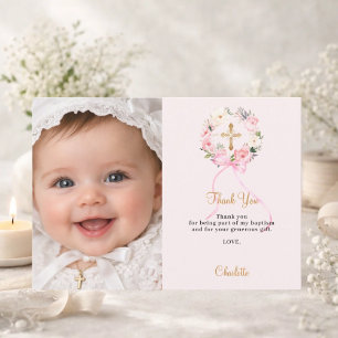 Taufkarte mit rosa floraler Schleife Foto Mädchen Einladung