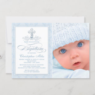 Taufkarten für Jungen mit blauem Damastkreuz Foto Einladung