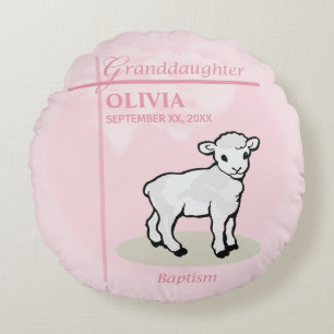Taufkleid Enkelin Pink Lamm Name und Datum Rundes Kissen