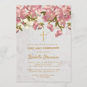 Taufkleid Kreuz Rosa Orchideen Marmor Erste Kommun Einladung