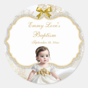 Taufkleid Mädchen Taufe Weiß & Gold Runder Aufkleber