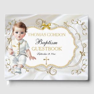 Taufkleidung für Babyjungen Weiß und Gold Kreuz Gästebuch