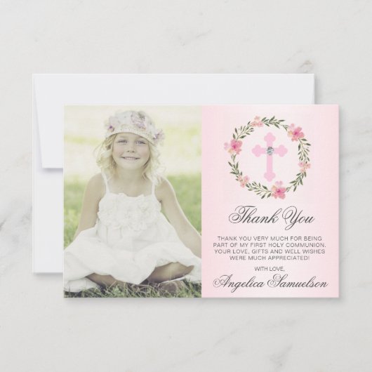 Taufkommunionsbestätigung Girl Floral FOTO Dankeskarte (Vorderseite)