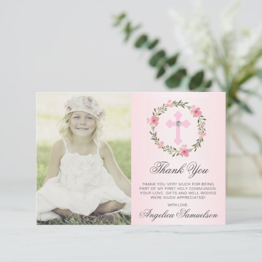 Taufkommunionsbestätigung Girl Floral FOTO Dankeskarte (Stehend Vorderseite)