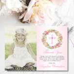 Taufkommunionsbestätigung Girl Floral FOTO Dankeskarte<br><div class="desc">Delikate Blumenkranz Taufe, Weihnachten, Erste Heilige Kommunion oder Bestätigung danken Ihnen Karten für Mädchen. Pastellrot Rosa Rosa Rosa mit ombre Hintergrund. Grüne, Blatt Blumenkranz mit Lavendel, Rosa, Rose Blume und Kreuz mit Imitaten Diamant in der Mitte. Erschwinglich, aber nicht billig aussehen! Ideal für die Zeremonie deiner Tochter. Diese Vorlagenkarten können...</div>