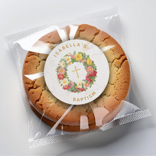 Taufkreuz Florales Gold Kreuz Wilde-Rosen-Gewinde  Runder Aufkleber