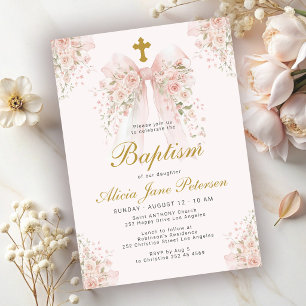 Taufmädchen elegante rosa Schleife floral Kirche Einladung