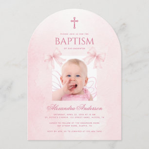 Taufmädchen-Foto Rosa Schleifen und Schrift Wasser Einladung