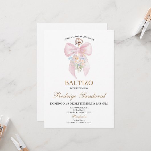 Taufmädchen rosa Schleife Einladung (Vorderseite/Rückseite Beispiel)
