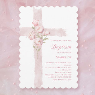Taufmädchen Taufe rosa Pfingstrosen Kreuz  Einladung