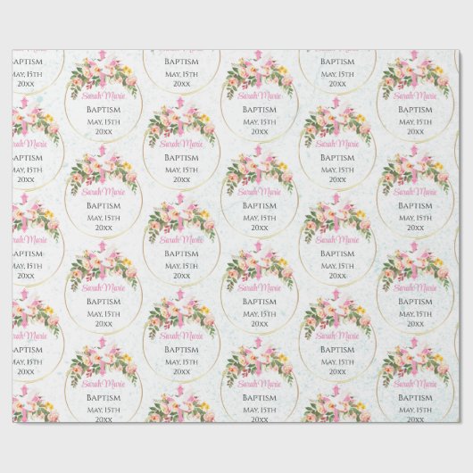 Taufname Datum Rosa Blumenspray Geschenkpapier (Flach)