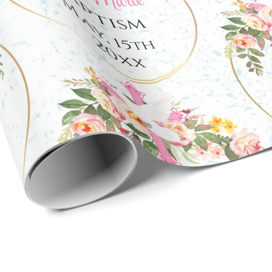 Taufname Datum Rosa Blumenspray Geschenkpapier (Rolleneckpunkt)