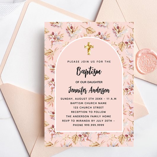 Taufpampas florals Rose Goldpinken Einladungspostkarte