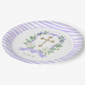 Taufpapier für lila Wappen Pappteller (Schrägansicht)