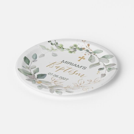 Taufpapier Tafel, grün und goldgrün Pappteller (Schrägansicht)