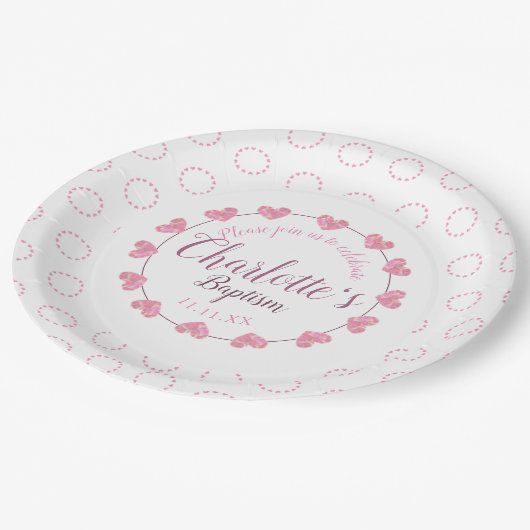 Taufplatte für kleine Mädchen pink-weiße Blume Pappteller (Schrägansicht)