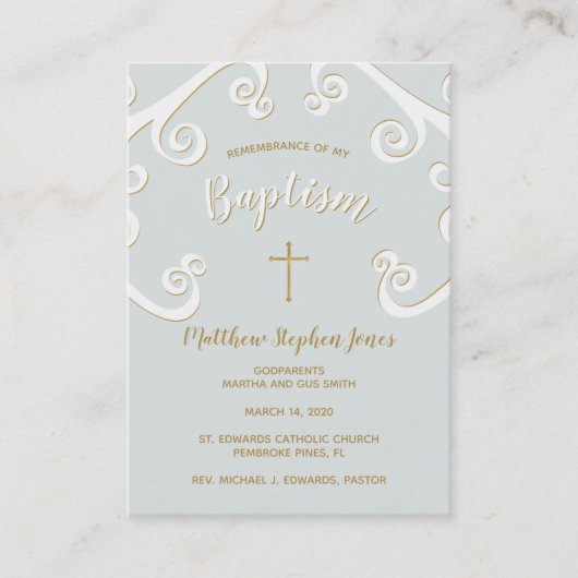 Taufschuhe in Pulverblau und Gold Visitenkarte (Vorderseite)