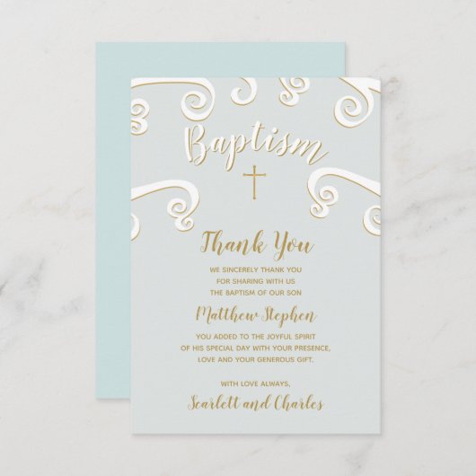 Taufscrolls in Pulverblau und Gold Einladung (Vorne/Hinten)