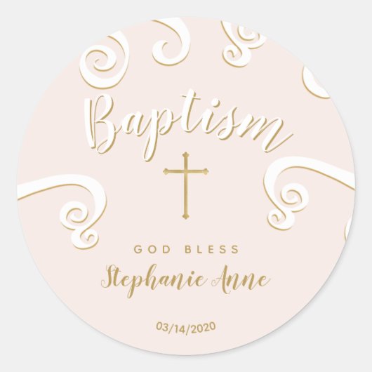 Taufscrolls in Rosa und Gold Runder Aufkleber (Vorderseite)